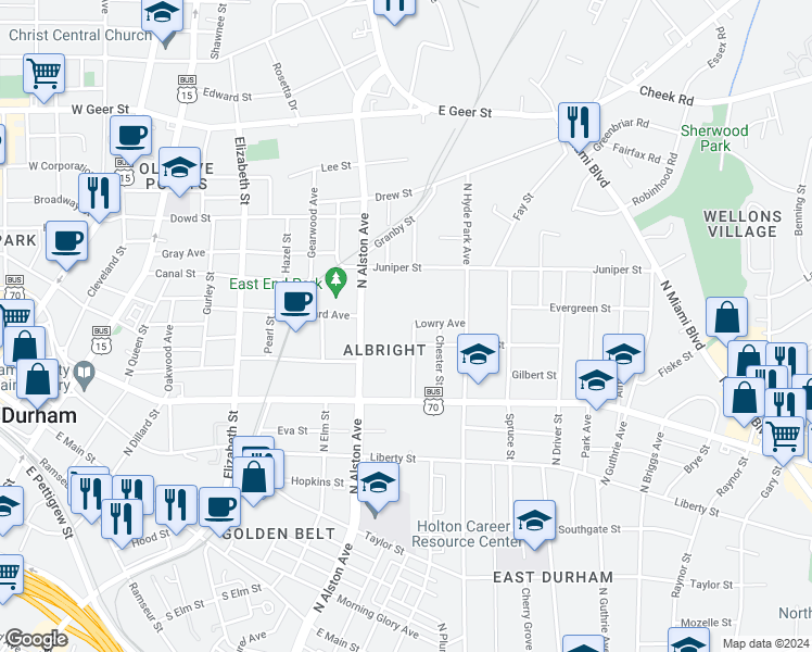 map of restaurants, bars, coffee shops, grocery stores, and more near 1109 Calvin Street in Durham