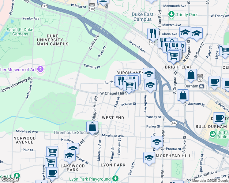 map of restaurants, bars, coffee shops, grocery stores, and more near 1212 West Chapel Hill Street in Durham