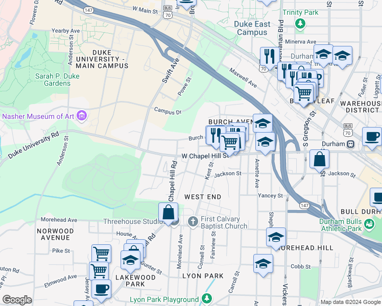 map of restaurants, bars, coffee shops, grocery stores, and more near 1310 West Chapel Hill Street in Durham