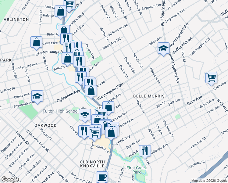 map of restaurants, bars, coffee shops, grocery stores, and more near 1517 Washington Pike in Knoxville