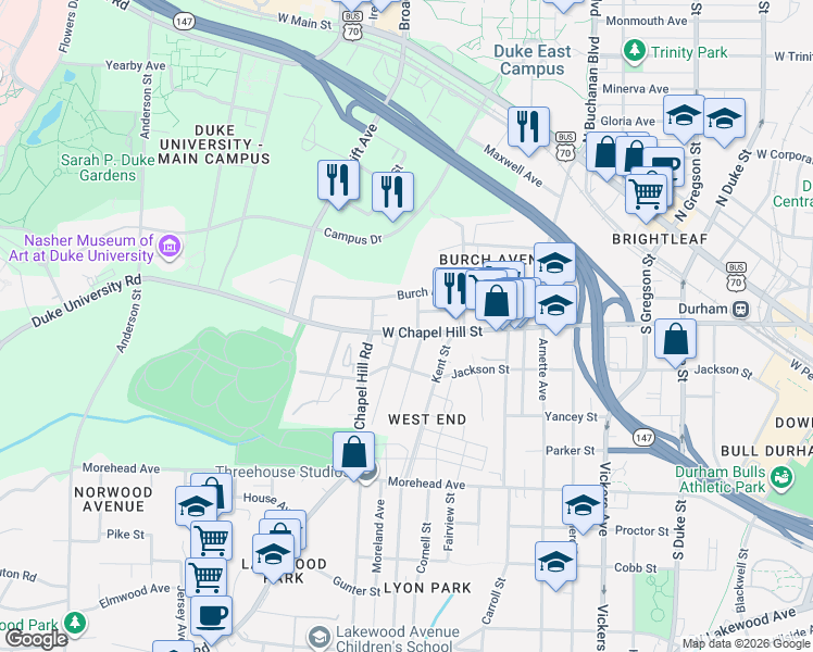 map of restaurants, bars, coffee shops, grocery stores, and more near 1306 West Chapel Hill Street in Durham