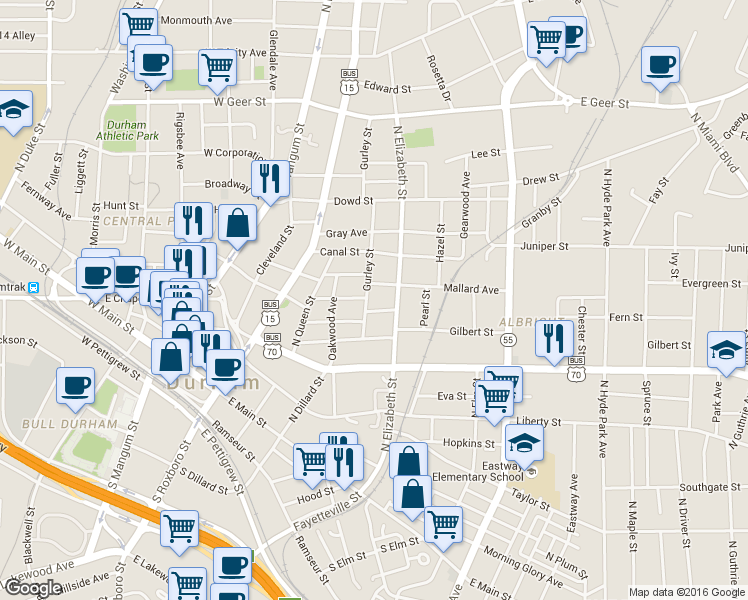 map of restaurants, bars, coffee shops, grocery stores, and more near 505 North Elizabeth Street in Durham
