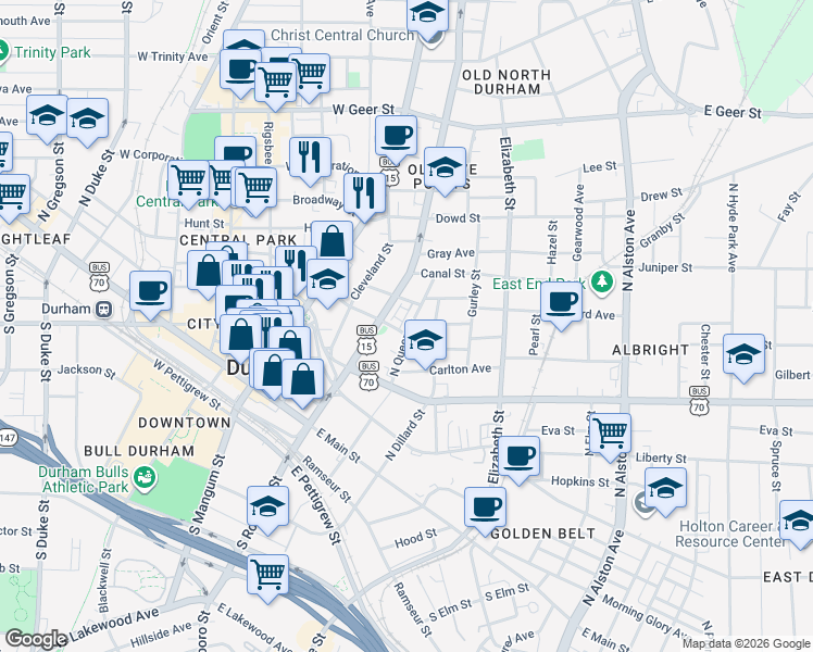 map of restaurants, bars, coffee shops, grocery stores, and more near in Durham