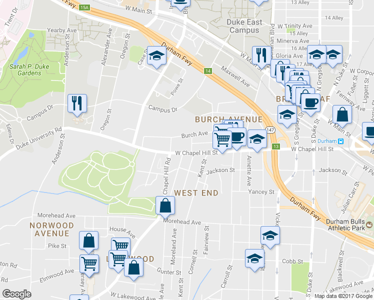 map of restaurants, bars, coffee shops, grocery stores, and more near 1306 West Chapel Hill Street in Durham