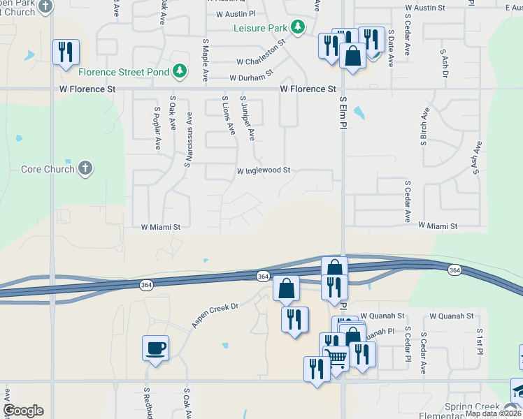 map of restaurants, bars, coffee shops, grocery stores, and more near 1105 West Los Angeles Court in Broken Arrow