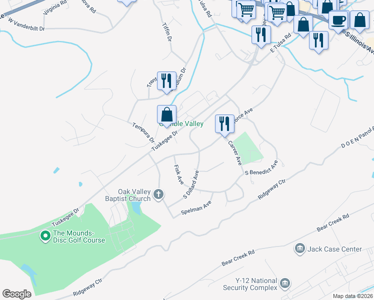 map of restaurants, bars, coffee shops, grocery stores, and more near 100 Houston Avenue in Oak Ridge