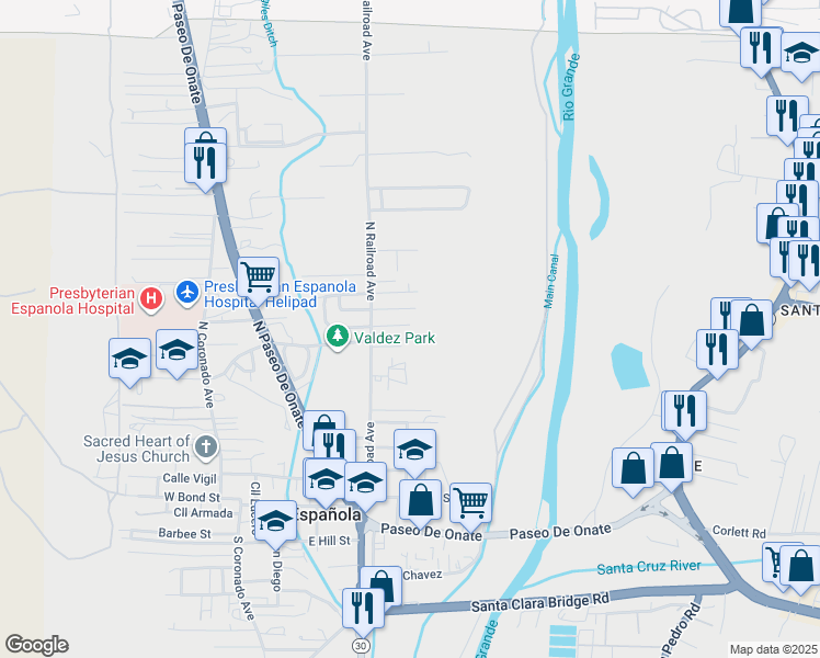 map of restaurants, bars, coffee shops, grocery stores, and more near 502 East Winesap Drive in Española