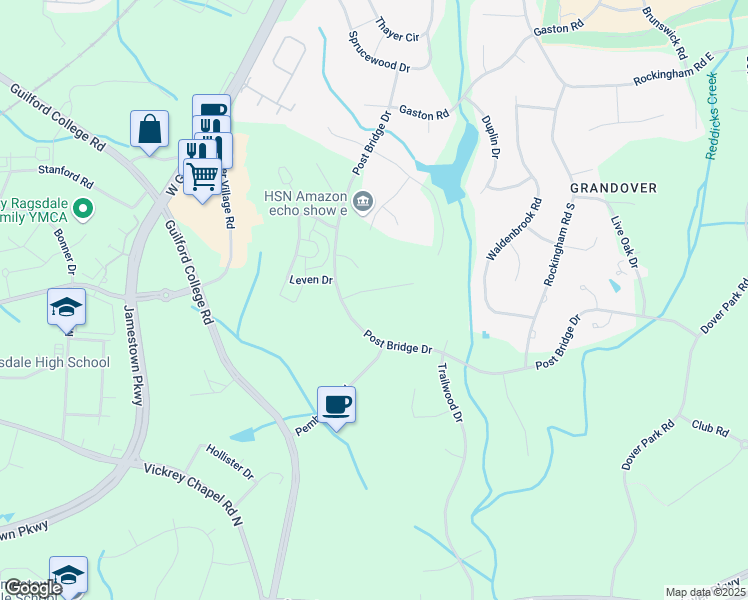 map of restaurants, bars, coffee shops, grocery stores, and more near 4113 Tansley Court in Greensboro