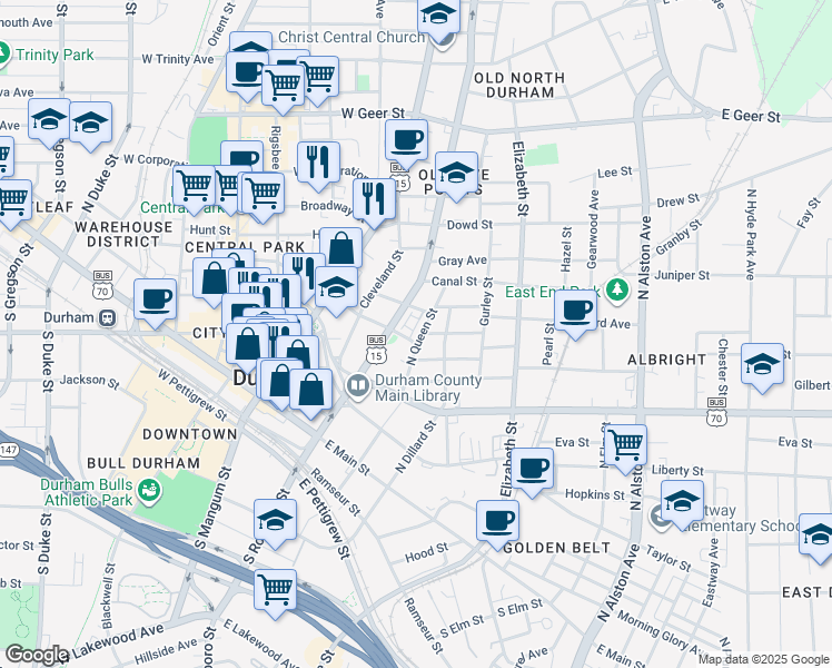 map of restaurants, bars, coffee shops, grocery stores, and more near 604 North Queen Street in Durham