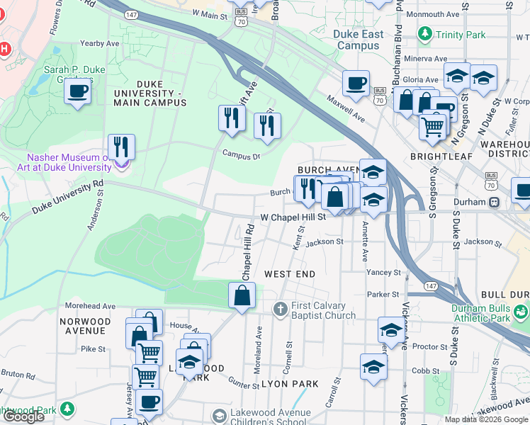 map of restaurants, bars, coffee shops, grocery stores, and more near 1404 West Chapel Hill Street in Durham