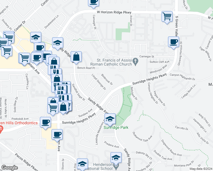 map of restaurants, bars, coffee shops, grocery stores, and more near 2407 Worth Court in Henderson