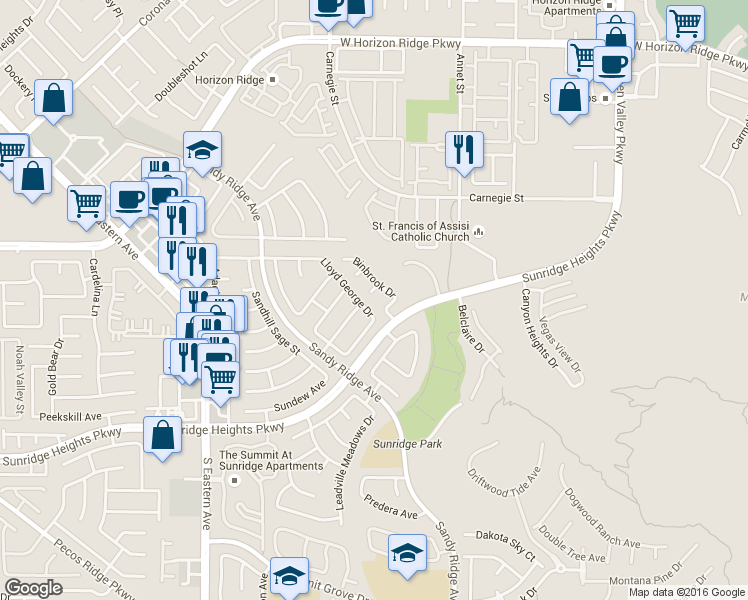 map of restaurants, bars, coffee shops, grocery stores, and more near 2407 Worth Court in Henderson