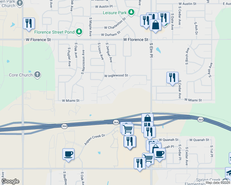 map of restaurants, bars, coffee shops, grocery stores, and more near 1105 West Los Angeles Court in Broken Arrow