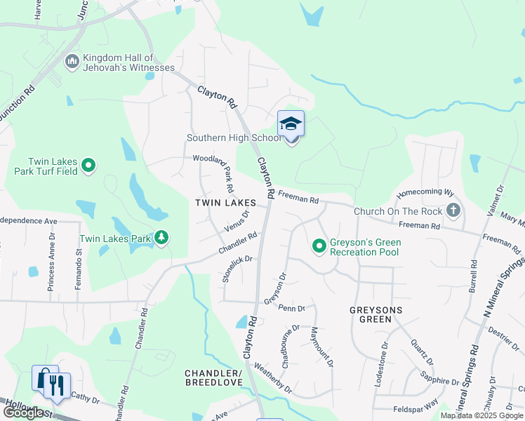 map of restaurants, bars, coffee shops, grocery stores, and more near 615 Clayton Road in Durham