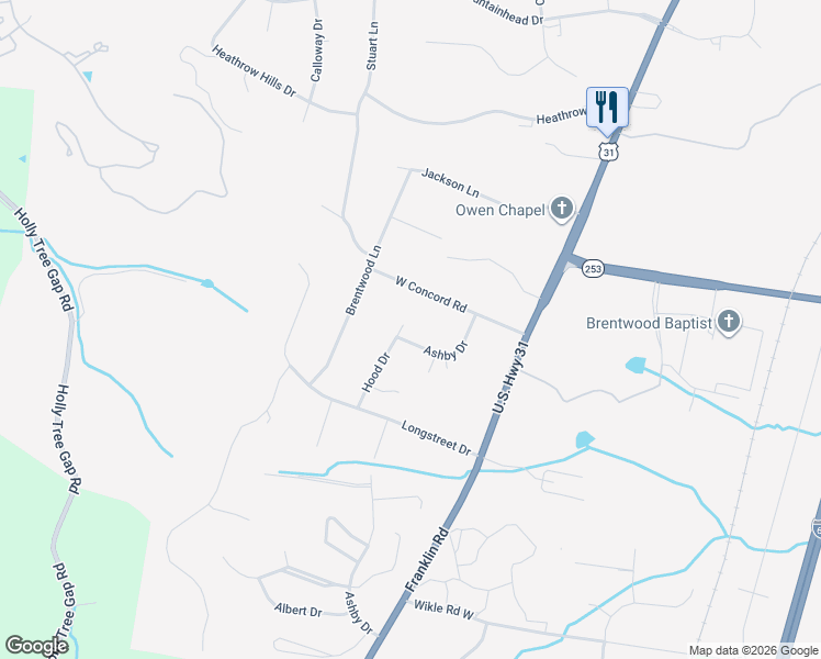 map of restaurants, bars, coffee shops, grocery stores, and more near 5016 Ashby Drive in Brentwood