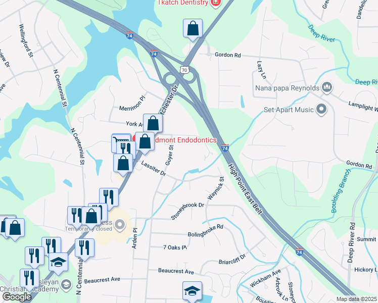 map of restaurants, bars, coffee shops, grocery stores, and more near 2636 Guyer Street in High Point