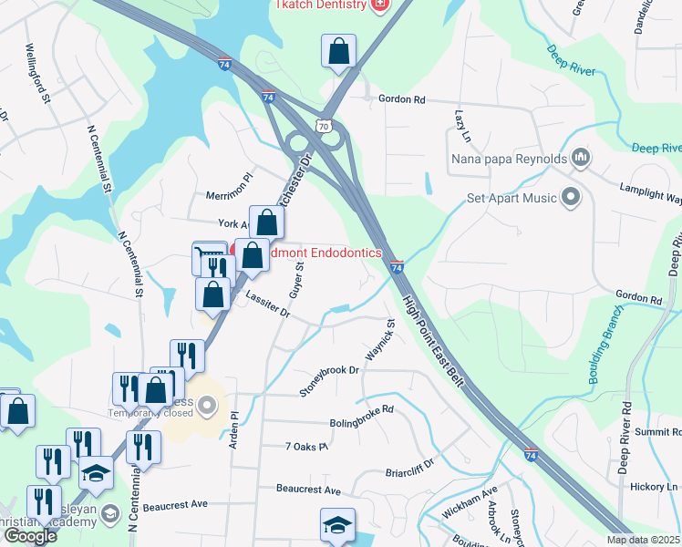 map of restaurants, bars, coffee shops, grocery stores, and more near 2630 Guyer Street in High Point