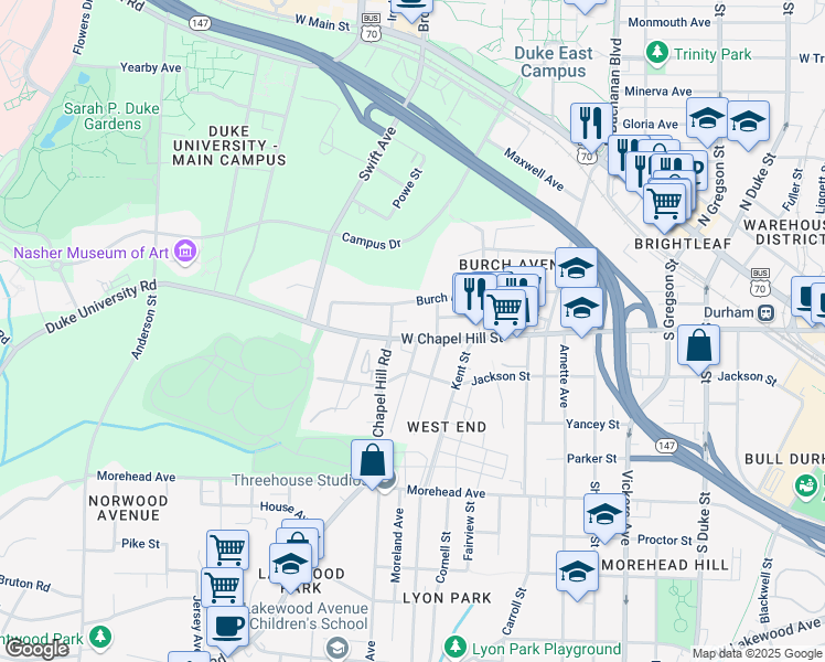 map of restaurants, bars, coffee shops, grocery stores, and more near 1402 West Chapel Hill Street in Durham