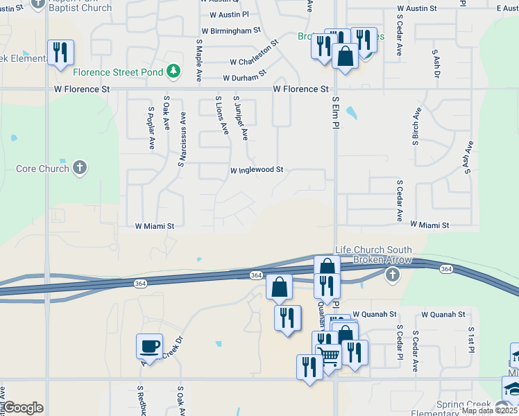 map of restaurants, bars, coffee shops, grocery stores, and more near 1105 West Los Angeles Court in Broken Arrow
