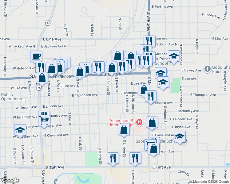 map of restaurants, bars, coffee shops, grocery stores, and more near 124 South Birch Street in Sapulpa