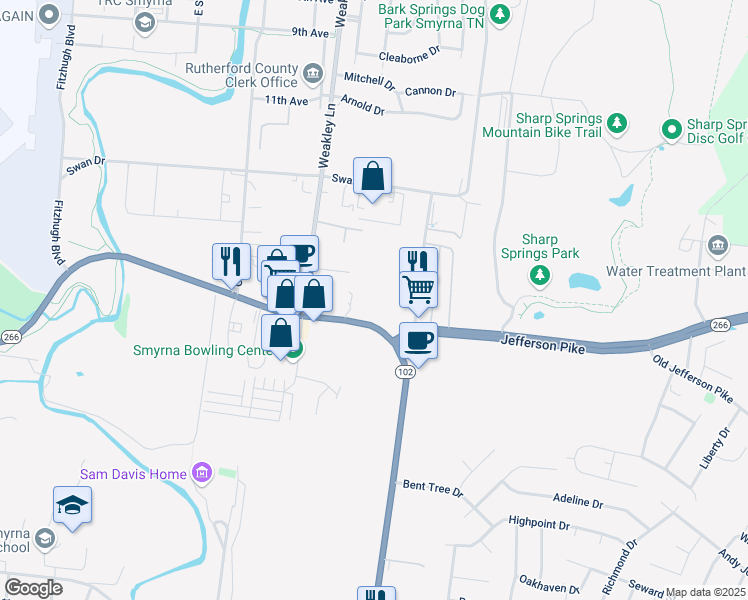 map of restaurants, bars, coffee shops, grocery stores, and more near 351 Sam Ridley Parkway in Smyrna