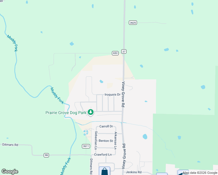 map of restaurants, bars, coffee shops, grocery stores, and more near 10591 Viney Grove Road in Prairie Grove