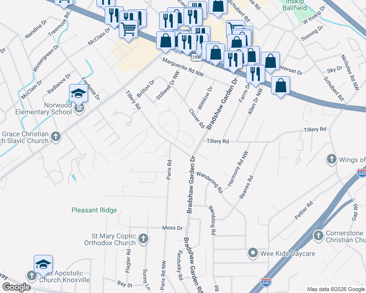 map of restaurants, bars, coffee shops, grocery stores, and more near 5161 Garden Meadow Drive in Knoxville