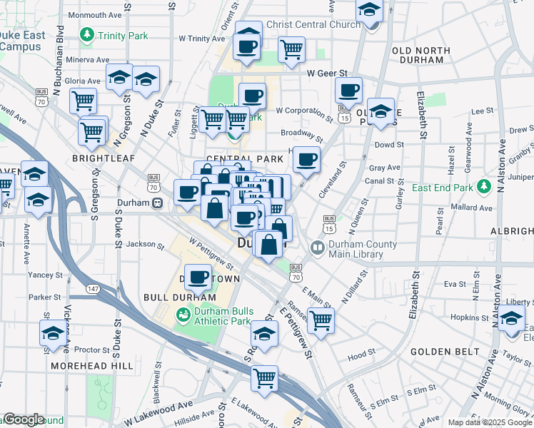 map of restaurants, bars, coffee shops, grocery stores, and more near 200 Rigsbee Ave in Durham