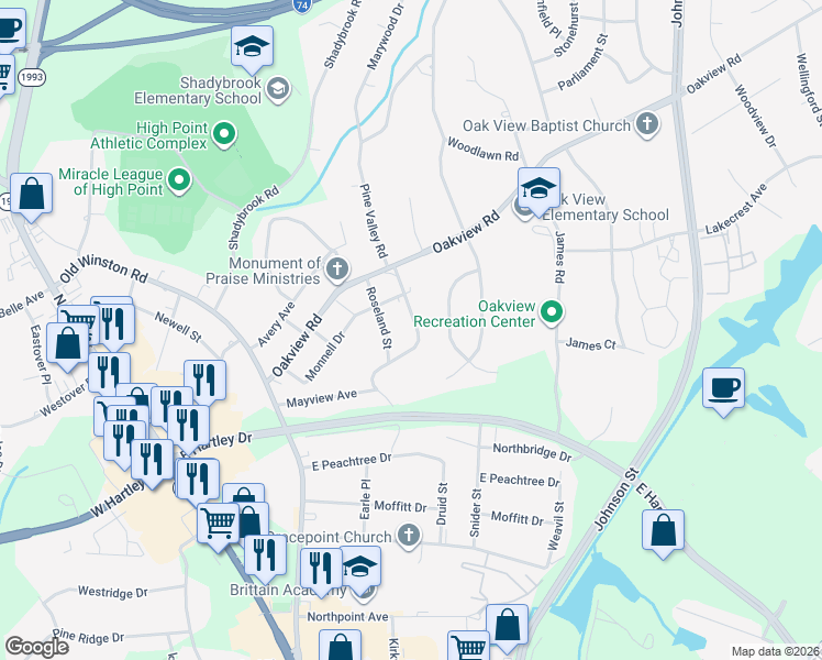 map of restaurants, bars, coffee shops, grocery stores, and more near 3315 Pine Valley Road in High Point
