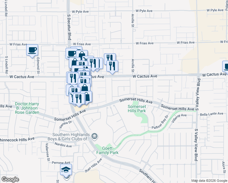 map of restaurants, bars, coffee shops, grocery stores, and more near 10596 Bardilino Street in Las Vegas