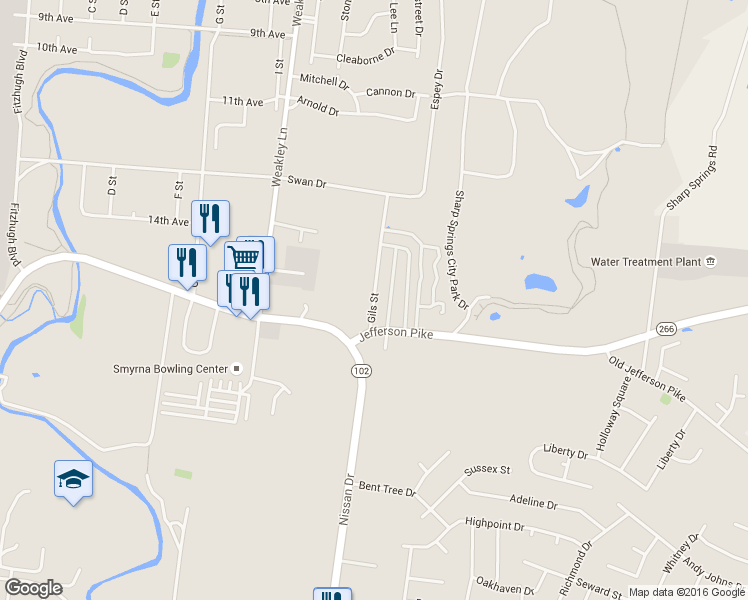 map of restaurants, bars, coffee shops, grocery stores, and more near 104 Gils St in Smyrna