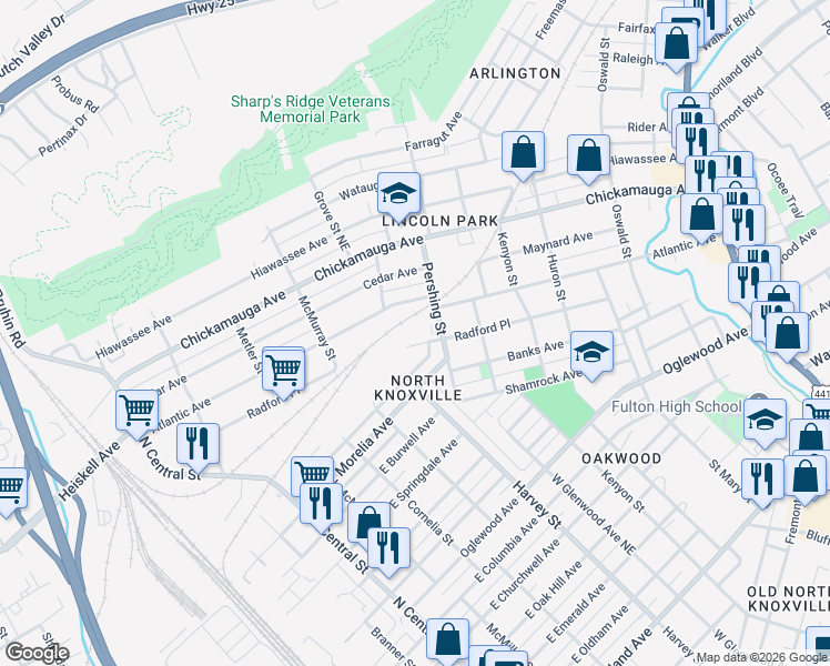 map of restaurants, bars, coffee shops, grocery stores, and more near 509 Radford Place in Knoxville