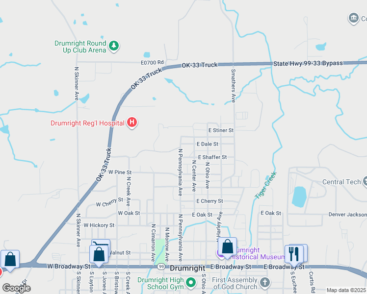 map of restaurants, bars, coffee shops, grocery stores, and more near 102 East Dale Street in Drumright