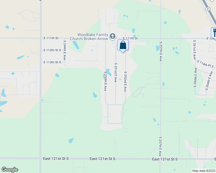 map of restaurants, bars, coffee shops, grocery stores, and more near 11415 South 250th East Avenue in Broken Arrow