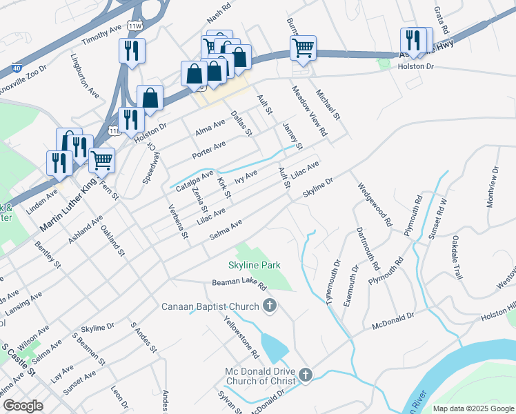 map of restaurants, bars, coffee shops, grocery stores, and more near 4035 Selma Avenue in Knoxville