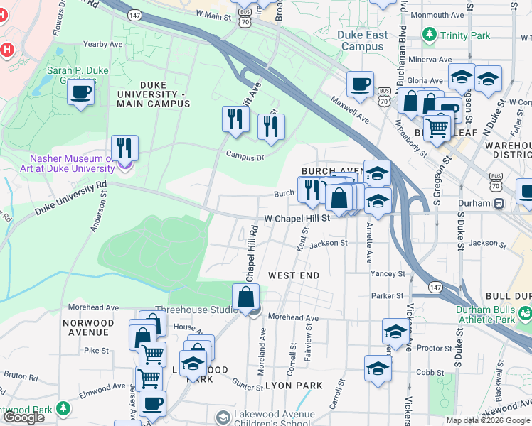 map of restaurants, bars, coffee shops, grocery stores, and more near 1406 West Chapel Hill Street in Durham