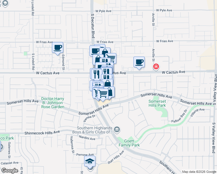 map of restaurants, bars, coffee shops, grocery stores, and more near 10600 Southern Highlands Parkway in Las Vegas