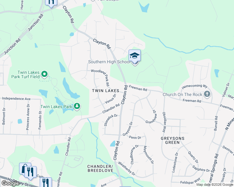 map of restaurants, bars, coffee shops, grocery stores, and more near 615 Clayton Road in Durham