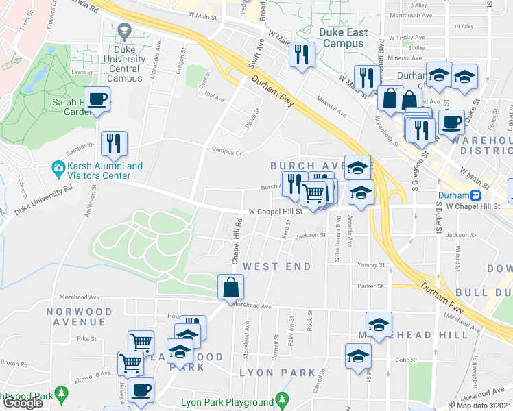 map of restaurants, bars, coffee shops, grocery stores, and more near 1306 West Chapel Hill Street in Durham