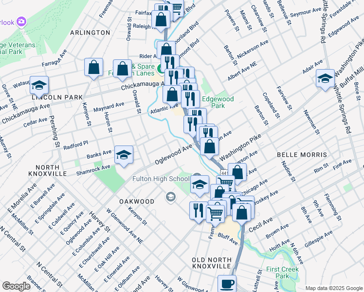 map of restaurants, bars, coffee shops, grocery stores, and more near 1307 Oglewood Avenue in Knoxville