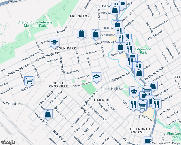 map of restaurants, bars, coffee shops, grocery stores, and more near in Knoxville
