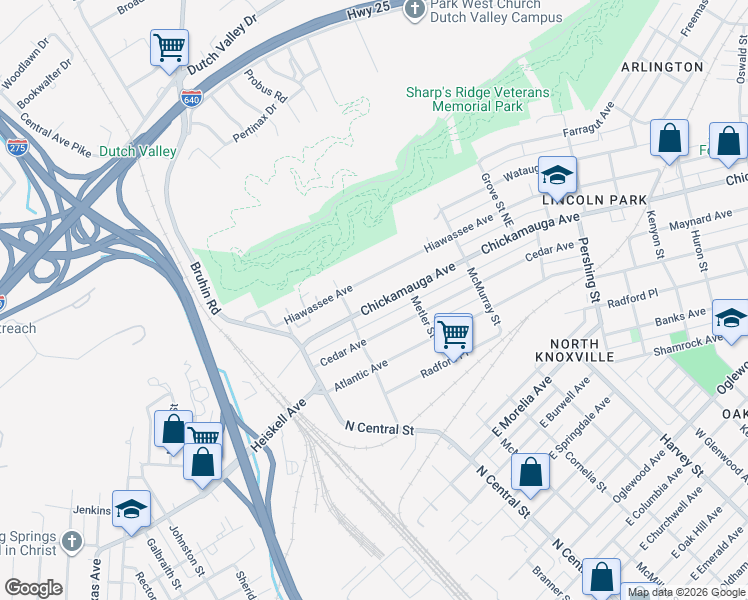 map of restaurants, bars, coffee shops, grocery stores, and more near 227 Chickamauga Avenue in Knoxville