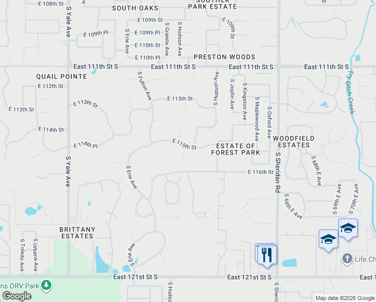 map of restaurants, bars, coffee shops, grocery stores, and more near 11503 South Granite Avenue in Tulsa