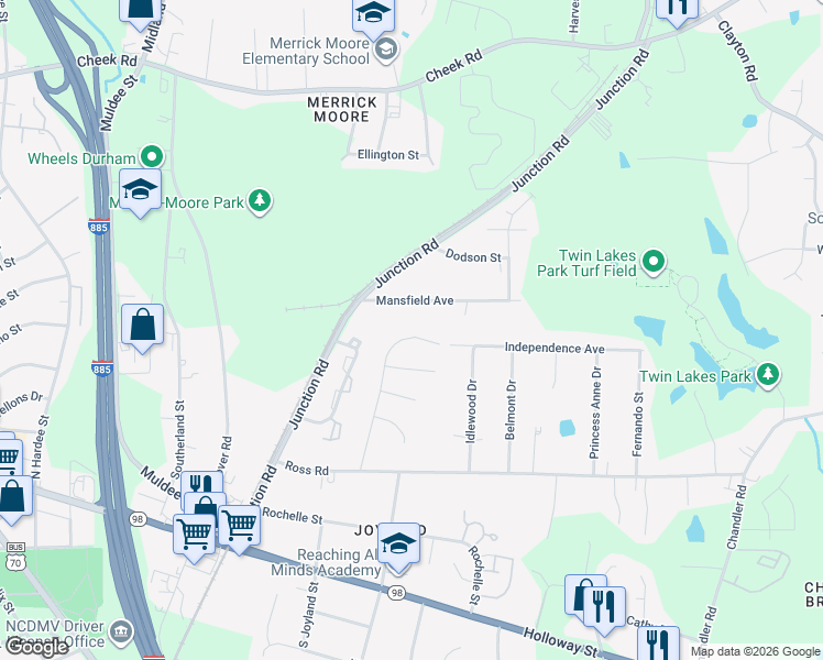 map of restaurants, bars, coffee shops, grocery stores, and more near 515 Melbourne Street in Durham