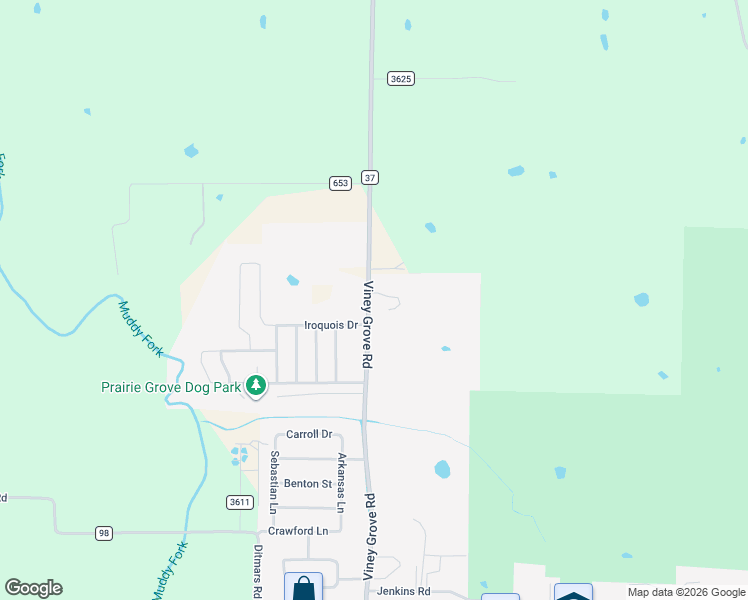 map of restaurants, bars, coffee shops, grocery stores, and more near 1791 Viney Grove Road in Prairie Grove
