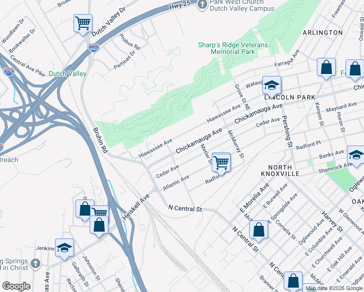map of restaurants, bars, coffee shops, grocery stores, and more near 227 Chickamauga Avenue in Knoxville