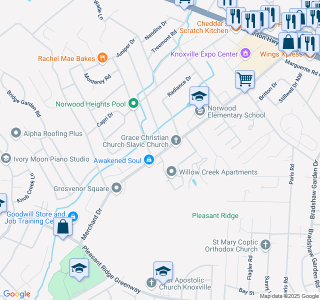 map of restaurants, bars, coffee shops, grocery stores, and more near 5401 Wil Loyd Drive in Knoxville