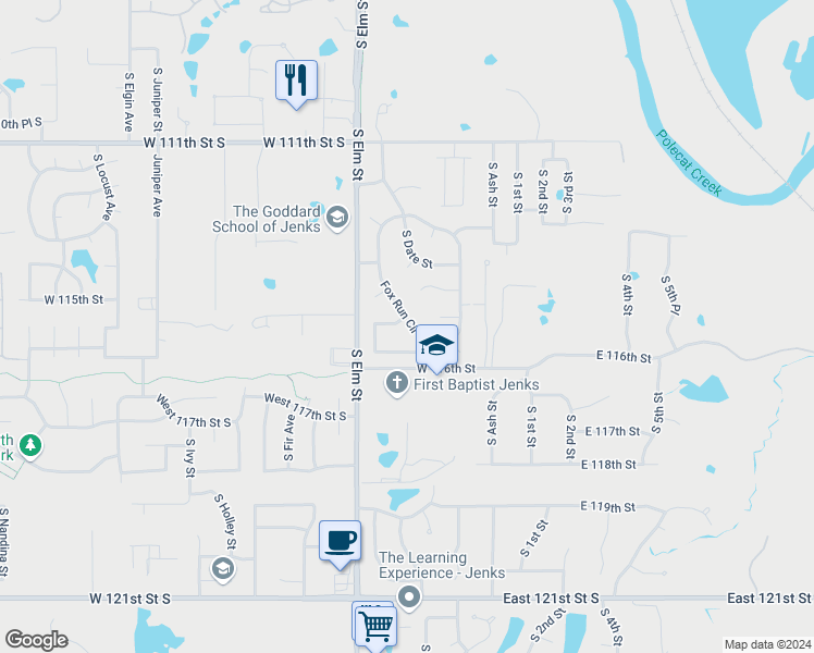 map of restaurants, bars, coffee shops, grocery stores, and more near 1232 115th Street in Jenks