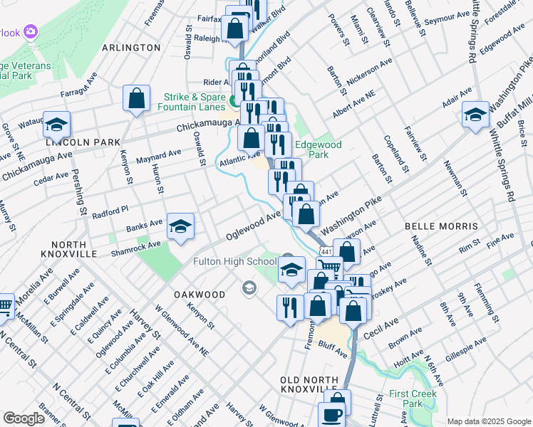map of restaurants, bars, coffee shops, grocery stores, and more near 1307 Oglewood Avenue in Knoxville