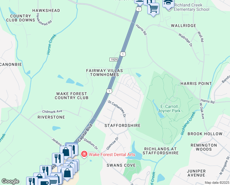 map of restaurants, bars, coffee shops, grocery stores, and more near 13130 Capital Boulevard in Wake Forest